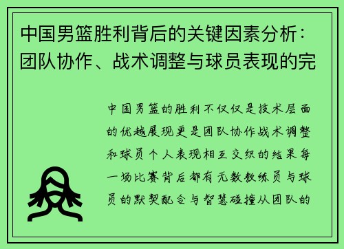 中国男篮胜利背后的关键因素分析：团队协作、战术调整与球员表现的完美融合