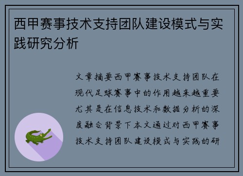 西甲赛事技术支持团队建设模式与实践研究分析 西甲赛事技术支持团队建设模式与实践研究分析