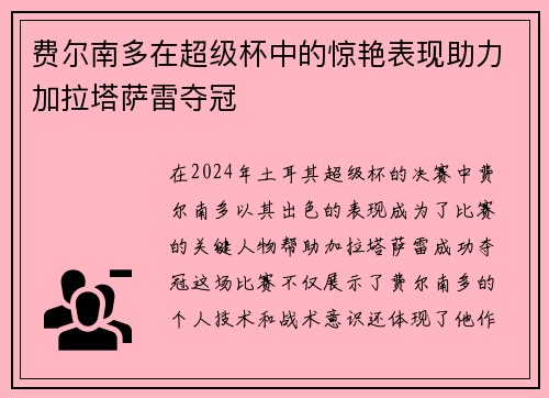 费尔南多在超级杯中的惊艳表现助力加拉塔萨雷夺冠