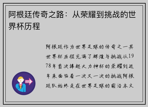 阿根廷传奇之路：从荣耀到挑战的世界杯历程