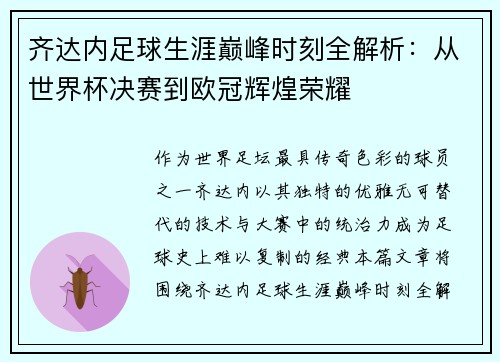 齐达内足球生涯巅峰时刻全解析：从世界杯决赛到欧冠辉煌荣耀